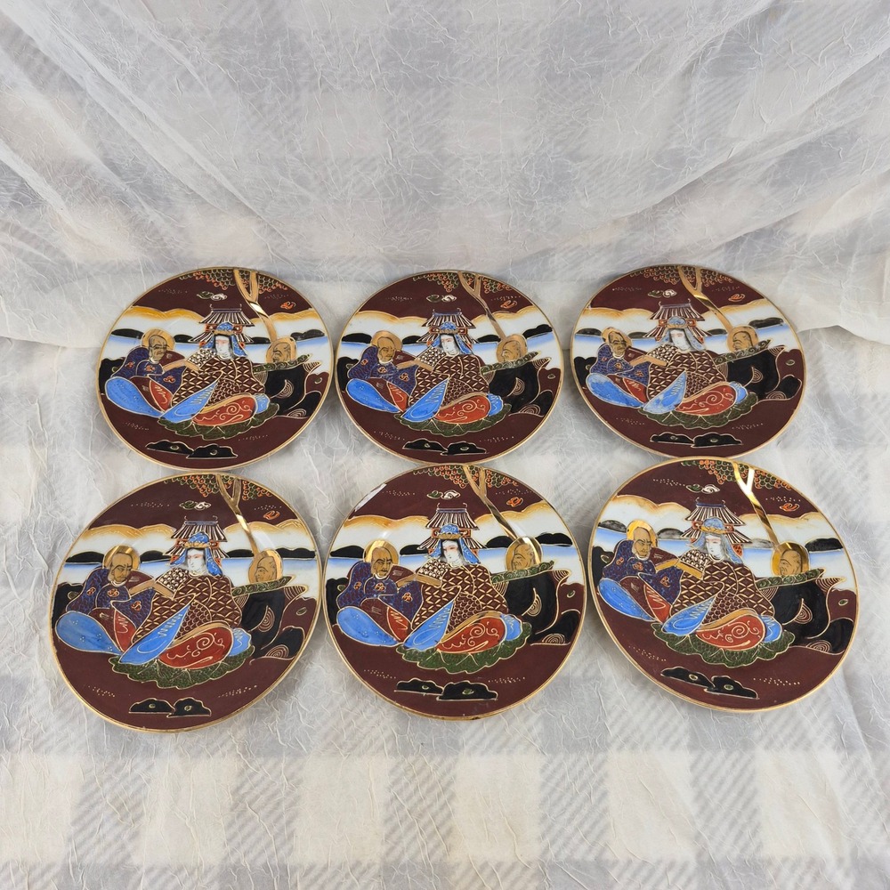 Vintage Japanese Satsuma Moriage Plates Set of 6 Hand Painted Immortals 7.25"